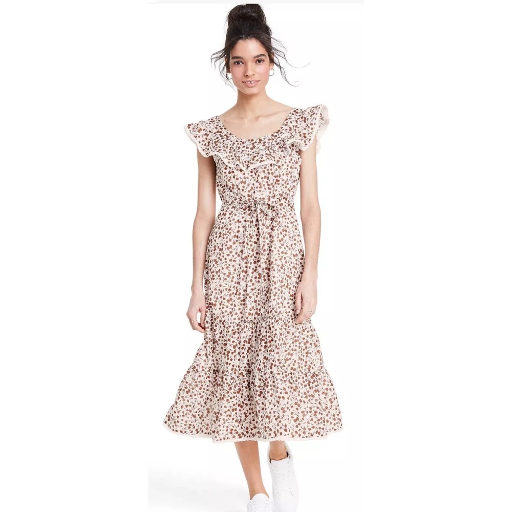 Rixo for Target Brown Floral Ruffle Midi 100% Cotton Dress Plus Size 2X Clip Dot